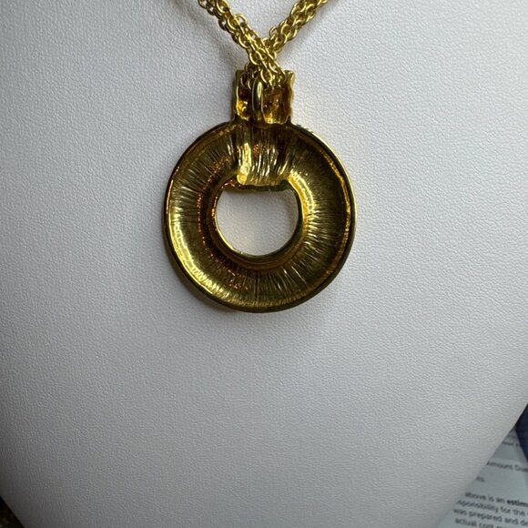 Vintage Gold Tone Statement Double Strand Necklace Circular Pendant Toggle Clasp - Picture 2 of 5
